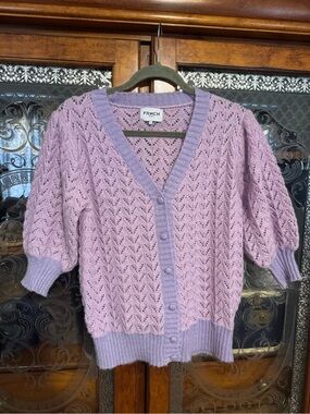 FRNCH Lavender Pointelle V‑Neck Buttoned Cardigan
